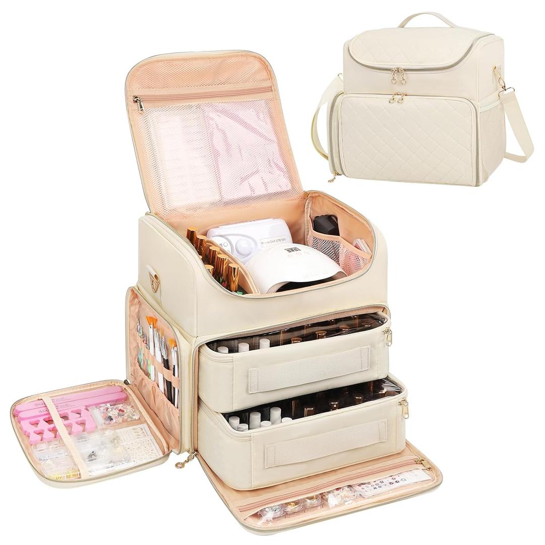 CUBETASTIC Extra Large Nail Polish Organizer Case Holds 86 to 100+ Bottles Nail Polish & Nail Lamp, Nail Supplies Storage Carrying Bag with 2 Removable Pouches (Beige)