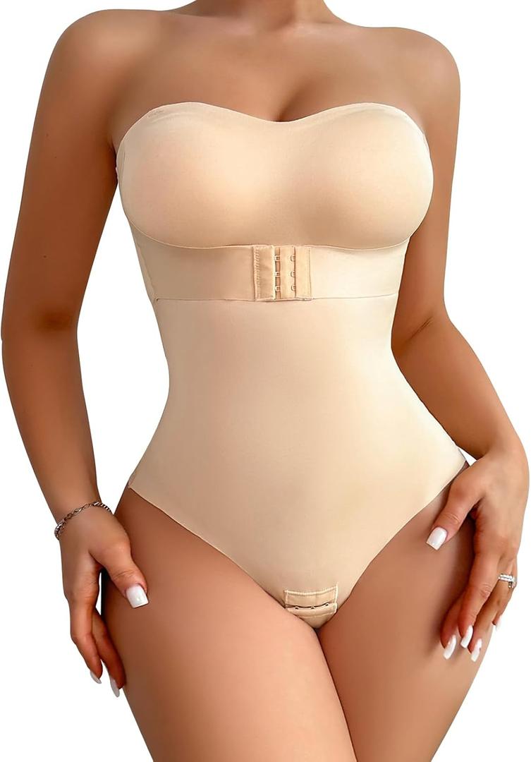 Shapewear Bodysuit Tummy Control Strapless Bra Shapewear for Women Strapless Faja Body Shaper Thong Light Shapewear (Medium, Beige-bulit in Bra)