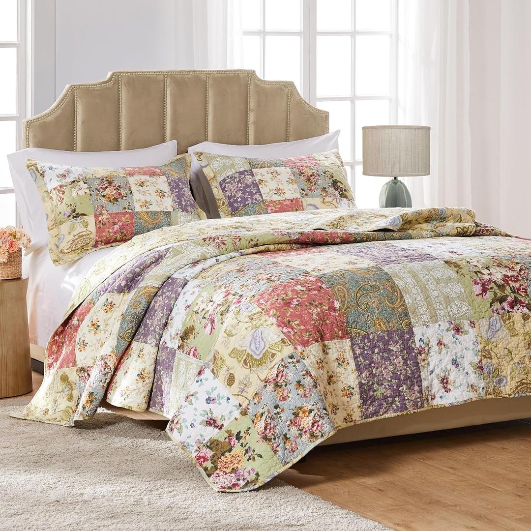 Greenland Home Blooming Prairie 100% Cotton Authentic Patchwork Reversible Quilt Set, 3-Piece Full/Queen