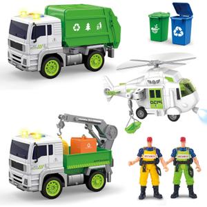 5 Pack Garbage Truck Toys Sets for Kids -Friction Powered Garbage Truck, Trash Trucks, Sanitation Helicopter, 2 Workers, Light&Sound Cars Set Gifts for Toddler Boys Girls 3-9 Year Old