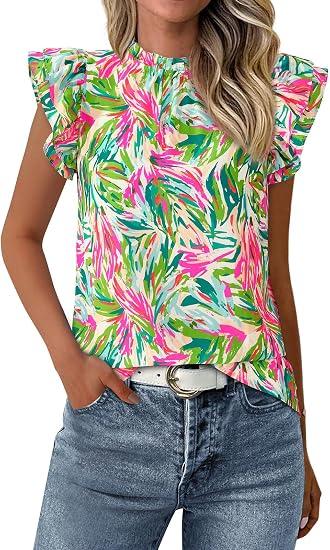 PRETTYGARDEN Women's Ruffle Short Sleeve Summer Tops Boho Floral Blouses | Trim Neck, Cute Flowy Tank Tops Trendy, Casual Dressy, Hawaiian Shirt, Chiffon Blouses, Teacher Outfits, XL