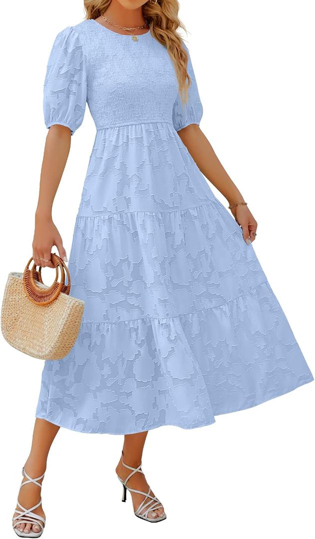 ZESICA Women's 2026 Summer Short Puff Sleeve Crewneck Smocked Floral Lace Flowy A Line Tiered Maxi Dresses (Blue, M)