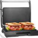 Baker's Friend Mini Panini Press Electric Griddle, Sandwichera Electrical for Pancakes & Eggs, 2 Slices of Panini Grill Press Sandwich Maker Press, Stainless Steel, Non Stick Surfaces, Oil Tray