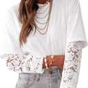 LOLONG T Shirts for Women Spring 2026 Long Sleeve Lace Patchwork Crew Neck Tops Casual Tees XXL