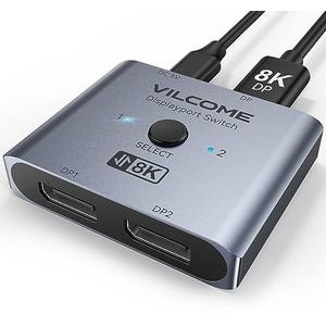 Vilcome DisplayPort Switch 8K Splitter, Plug & Play, One-Button Switching, Bidirectional Display Port Switcher Box 2 in 1 Out/ 1 in 2 Out, 8K@60Hz, 4K@120Hz, 1080P@240Hz for PC Monitor Laptop (Gray)