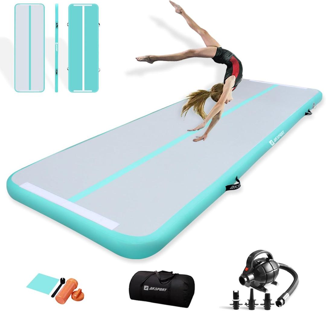 AKSPORT Gymnastics Air Mat Tumble Track Tumbling Mat Inflatable Floor Mats with Air Pump for Home Use/Tumble/Gym/Training/Cheerleading/Parkour/Beach/Park/Water (10ftx3.3ftx4inch, Grey Green)