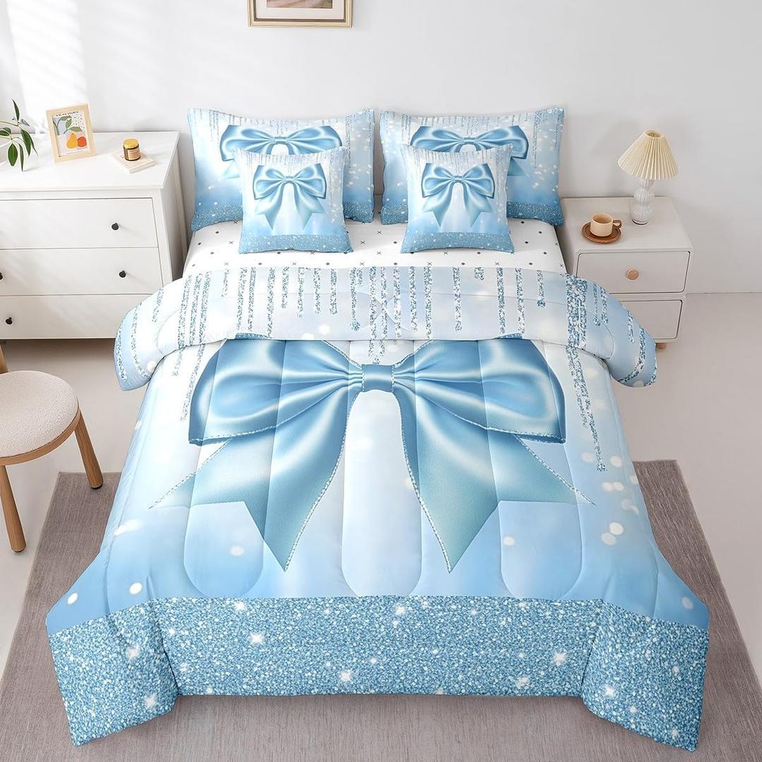 Feelyou Kids Cute Bowknot 7 Pieces Bedding Set Twin Size, Dreamy Princess Comforter Set with Sheets Boys Girls Glitter Bed in A Bag Blue Bow Teens Bed Set Bedroom Decor 7Pcs (Multi B04)