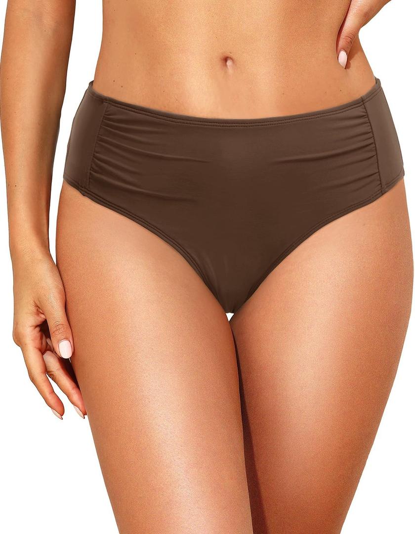 Women Full Coverage Bikini Bottoms - Mid Rise Bathing Suit Ruched Swim Bottom Swimsuit Swimwear (Size Medium, Brown)