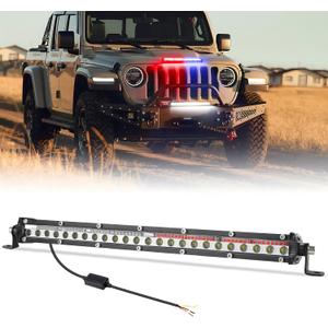 OPP ULITE Led Light Bar 13.5inch with Red Blue Strobe Light 1 Solid Mode & 1 Flashing Mode, 84pcs Led Spot Beam Slim Driving Work Lights for 4x4 Trucks SUV ATV UTV, 1PC Pack