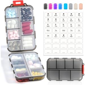 14 GRIDS Travel Pill Organizer Box with Labels - Travel Medicine Case Kit - Pocket Daily Pharmacy Container - Travel Medication Holder Dispenser for Fish Oil Vitamin Supplement Storage - Clear Gray