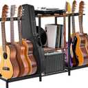 Nisorpa Metal Guitar Stand for 8 Guitars,Floor Guitar Holder with 3-Tier Wood Storage Shelf Multiple Guitars Rack,Display Guitar Stand Guitar Amp Stand For Music Studio Acoustic Electric Guitar Bass