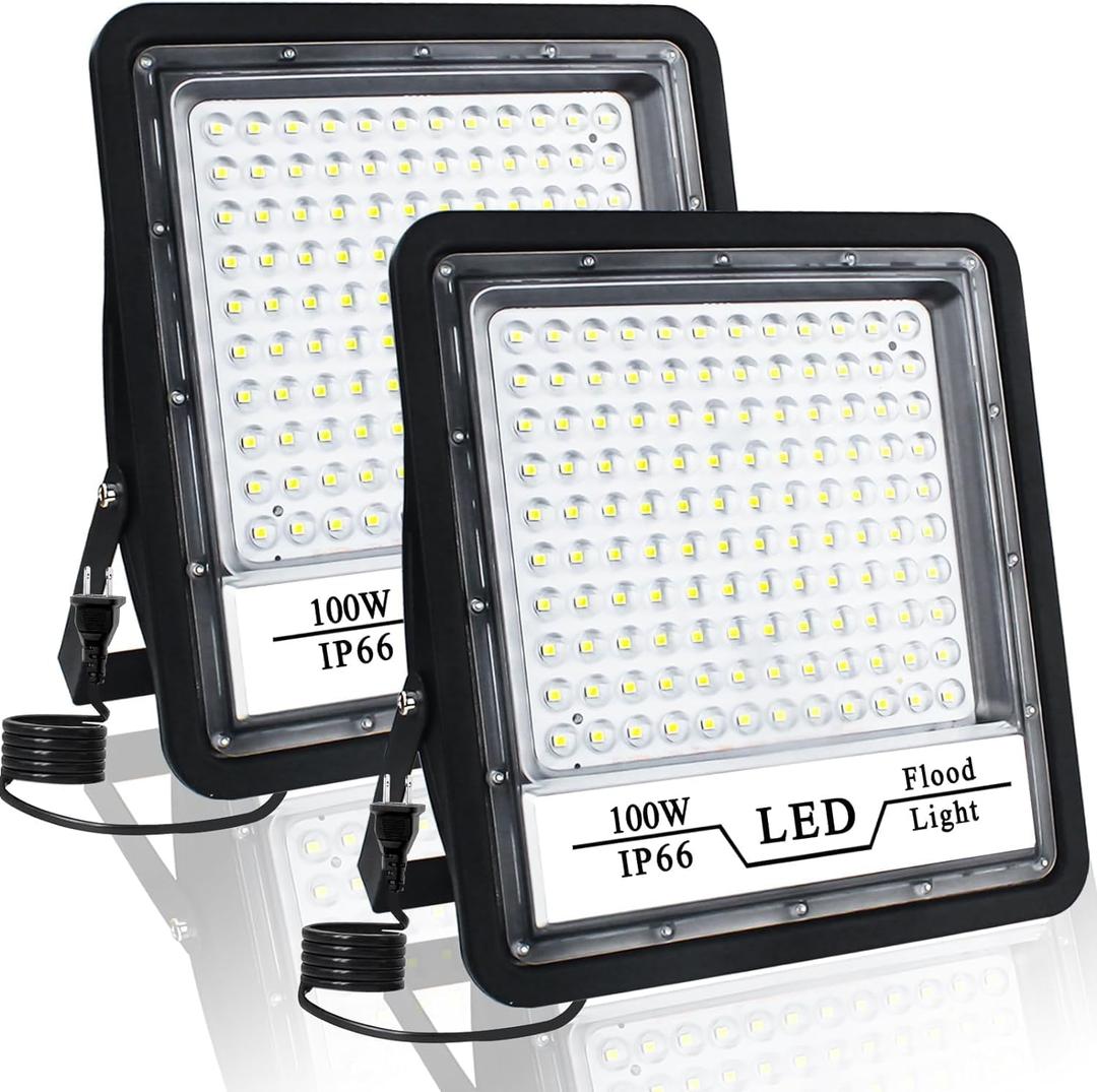 2 Pack 100W LED Flood Light Outdoor, 10000LM Bright LED Work Lights Plug in, IP66 Waterproof Exterior Floodlight, 6500K Security Light for Patio, Backyard, Lawn, Stadium, Playground
