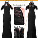 VFSHOW Womens Formal Prom Beaded Halter Neck Keyhole Maxi Dress Feather Cold Shoulder Ruffle High Slit Evening Gown (Black, XXXL)