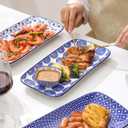 Selamica Ceramic Rectangular Serving Platters Set of 4, 12 Inch Serving Trays/Dishes for Party Entertaining, Rectangular Dinner Plates for Appetizer Salad Dessert Sushi, Vintage Blue