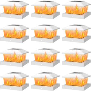 APONUO Solar Post Cap Lights with Flickering Flame & Warm White, 12-Pack for 4x4 Wood/ 5x5 Vinyl Posts, Solar Powered Deck & Fence Lights, Auto On/Off, IP65 Waterproof, Glossy White