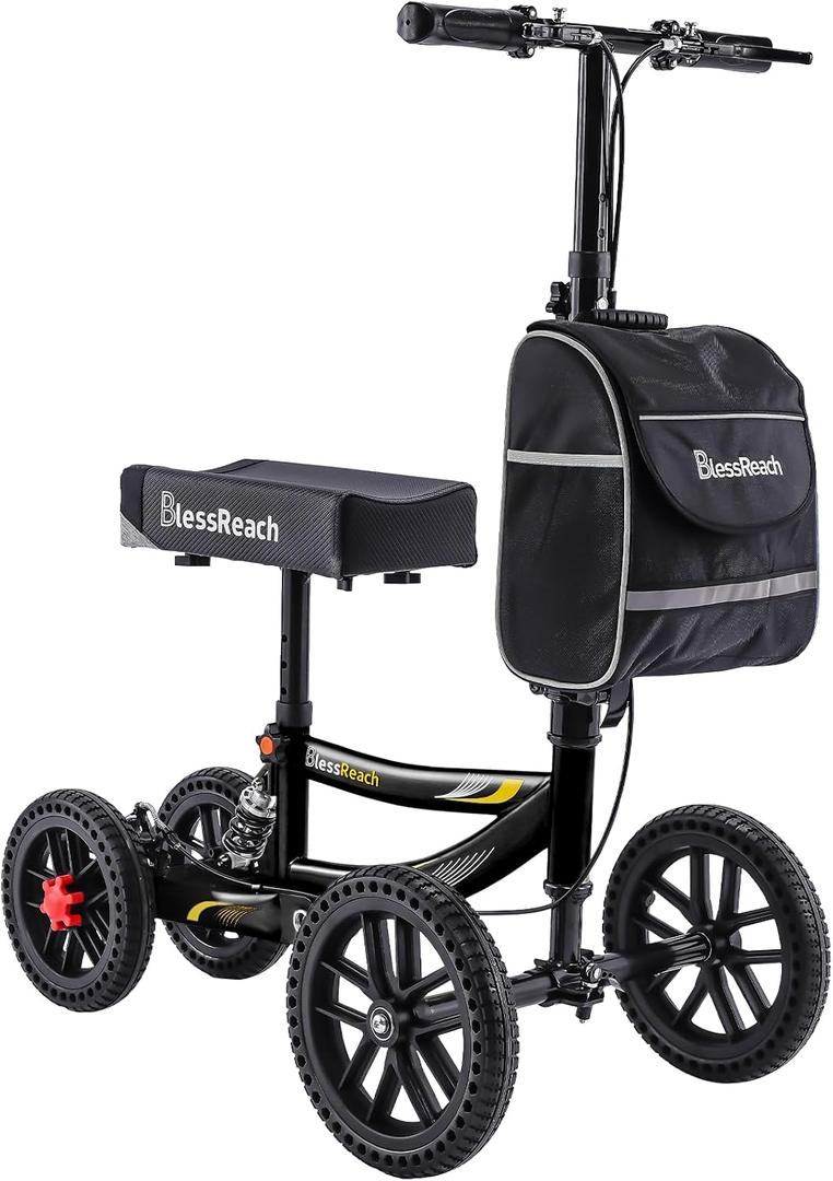 Knee Scooter, 350lbs Capacity, 13" Big PU Seat, Disc Brake Knee Walker, All Terrain Foldable Knee Scooter Walker with Bag for Foot Injuries Compact Crutches Alternative (Black)