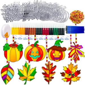 AUEKIV Fall Leaf Pumpkin Suncatcher Kit 32 Sets Pumpkin Suncatchers Window Art Paint DIY Craft Kits Autumn Maple Leaf Sun Catcher Bulk for Classroom Halloween Thanksgiving Party Art Project
