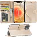 Arae Compatible with iPhone 12 Case and iPhone 12 Pro Case Wallet Flip Cover with Card Holder and Wrist Strap - Champagne Gold