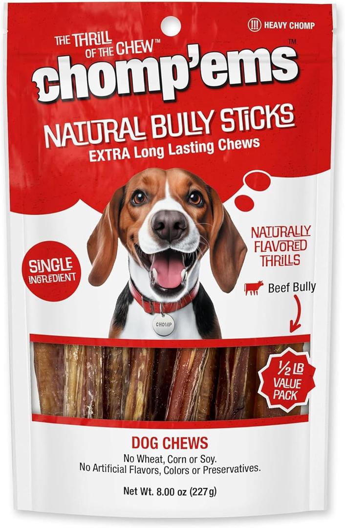 Chomp'ems Naturally Delicious Bully Sticks - Long Lasting No Hide Dog Chews - No Artificial Flavors, Colors, Or Preservatives - Protein Rich Alternative to Rawhide, 8 Oz. (EXP 05/16/26)