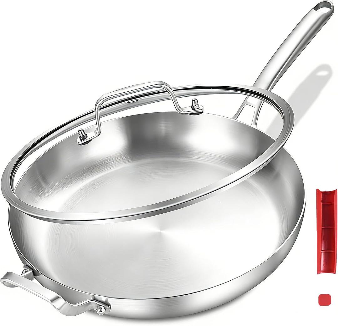 Inqibee 14-Inch Tri-Ply Stainless Steel Large Skillet with Lid,Large Frying Pan with Helper Handle,Jumbo Cooker,Induction Pan,Heavy Duty and Dishwasher Safe