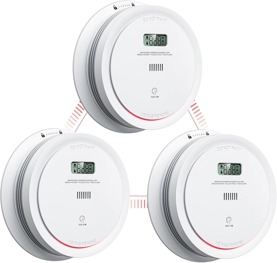 3 Packs Interlinked Smoke Detector Carbon Monoxide Detector Combo, Wireless Interconnected Smoke and Carbon Monoxide Detector with LCD Display & Test/Silence Button,Replaceable Battery