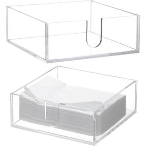QWORK Clear Acrylic Napkin Holder, Durable 5 x 5" Beverage & Cocktail Napkin Dispenser with U-Shaped Cutout for Removal, Polished Sides, and Rounded Corners, 2 Pcs