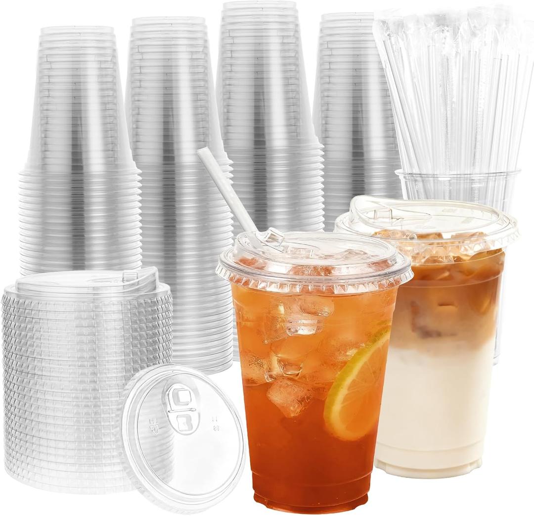 Goodluck 100 Pack 16 oz Clear Plastic Cups with Lids - Disposable Iced Coffee Cups with lids for Party Drinks Smoothies, Juices, and More - Straws Included, BPA Free & Food Safe