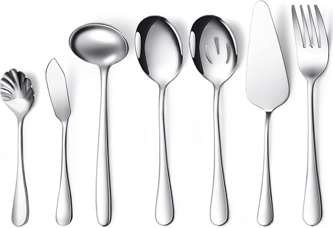 Patelai Serving Utensils Set Include Large Spoons Slotted Spoons Forks Tongs Soup Ladle and Pie Server Buffet Catering for Dishwasher Safe(Silver,7 Pieces)