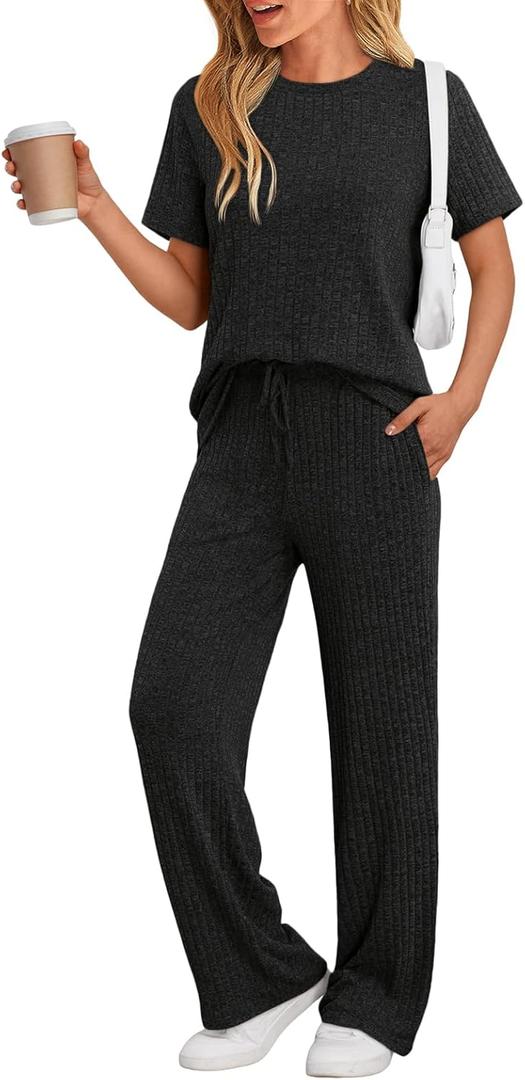 LILLUSORY 2 Piece Lounge Sets for Women Sweater Sets Airport Travel Outfits 2025 Sweat Suits Matching Wide Leg Pants (X-Large, Black)