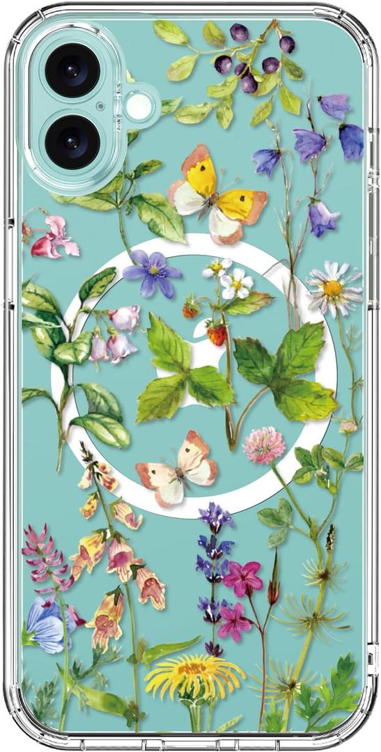 bicol for iPhone 16 Plus Case with Screen Protector - Wireless Charging Compatible, Enhanced Camera Protection - Clear Acrylic Phone Cover with Trendy Floral Design for Women - Butterfly Flowers