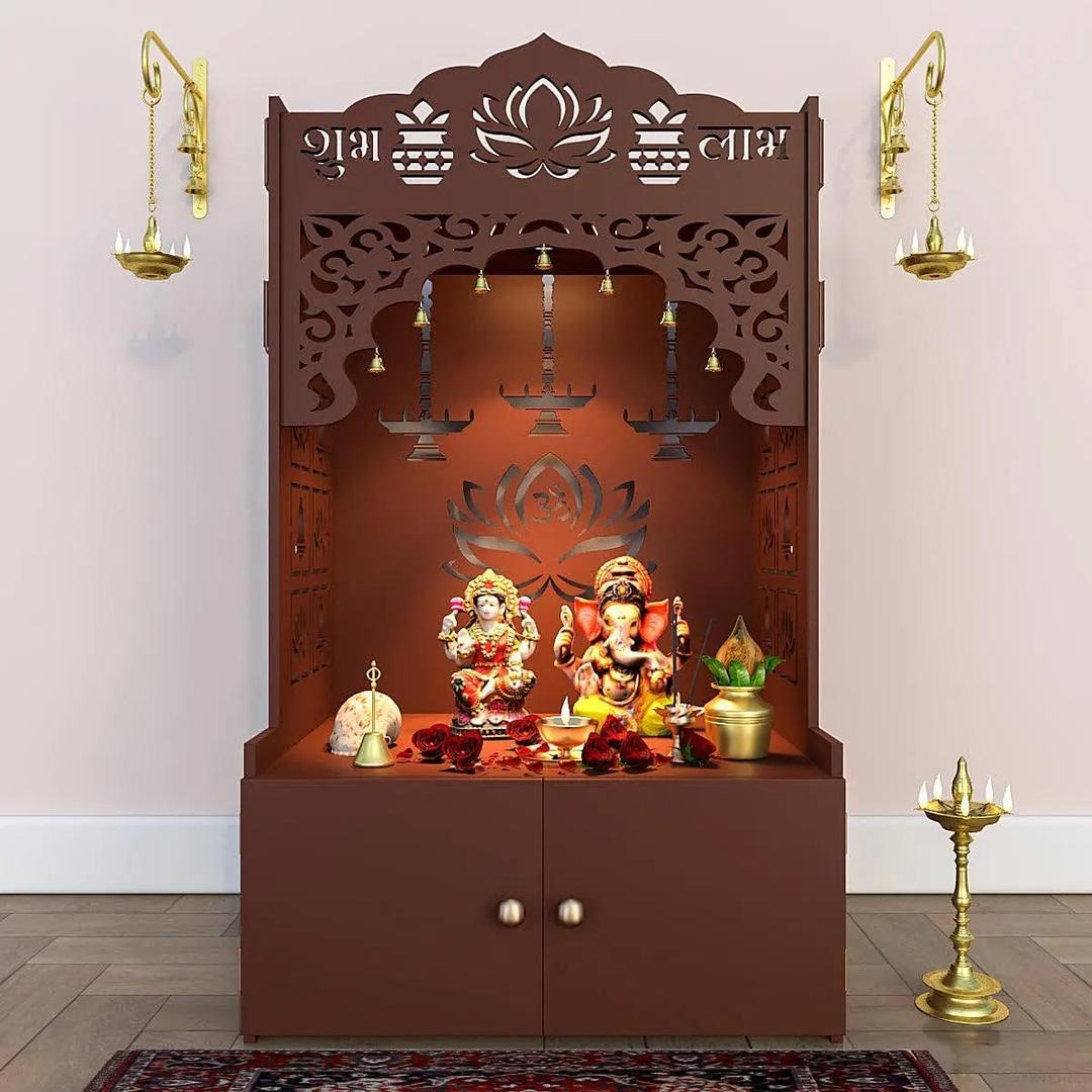 Lotus Pattern MDF Wood Temple with Spacious Shelf inbuilt Focus Light White (Large)