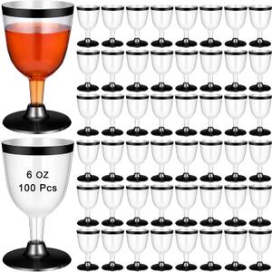 Jingmore 100 Pcs Black Plastic Cups 6oz Rimmed Wine Glasses Champagne Flutes Clear Toasting Glasses Mini Stemware for Wedding Bridal Shower Bachelorette Party