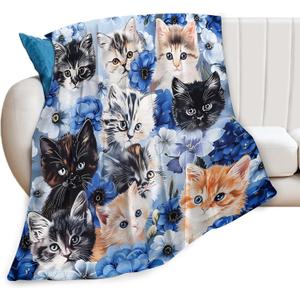 Cat & Flower Decor Animal Throw Blanket - Gifts for Kids & Adults, Warm Soft Plush Lightweight Fleece Flannel Blanket, 50"X40"