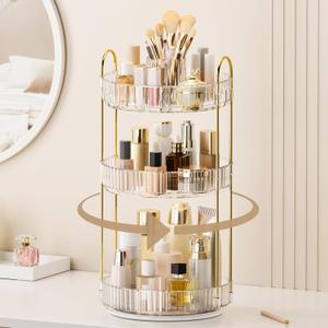 360 Rotating Makeup Organizer, Upgraded 3 Tier Skincare Perfume Organizers for Women, Bathroom Organizer Countertop, Clear Cosmetic Dresser Organizer with Makeup Brush Holder, Sink&Counte (Clear)