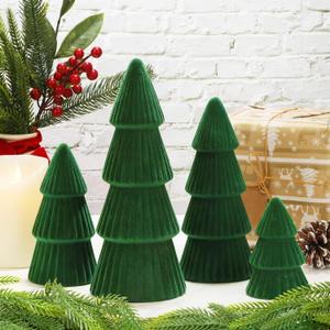 Aneco 4 Pack Velvet Ceramic Christmas Tree Christmas Indoor Decorations Modern Cone Xmas Tabletop Decor for Home Entryway Table Mantel Centerpiece Winter Holiday Party Supplies, Green