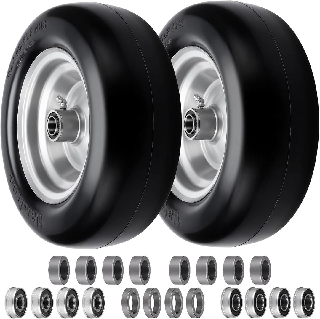 11x4.00-5 Lawn Mower Tires Flat FreeSolid Smooth Tires and Wheel s with 3/4" & 5/8" & 1/2" Ball Bearings, 3.4"-7.4" Centered Hub Lawn Mower Front Tires, for Zero-Turn Lawn Mowers 2 Pack, Silver