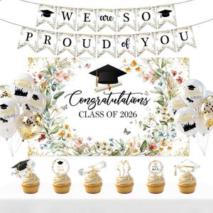 Graduation Party Decorations Wildflower Class of 2026 Backdrop We Are So Proud of You Banner Cupcake Toppers Balloons Spring Congrats Grad Party Supplies for High School Colloege