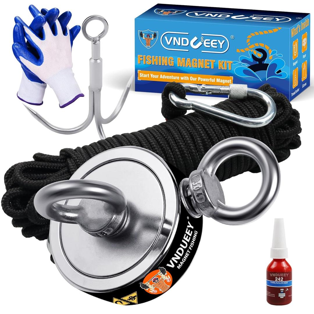 VNDUEEY 760 LBS Magnet Fishing Kit, Fishing Magnets Kit Includes Grappling Hook, Heavy Duty 65FT Rope, Gloves & Locking Carabiner - 2.36inch Diameter