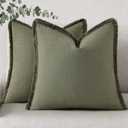 decorUhome Summer Decorative Neutral Linen Fringe Euro Sham Throw Pillow Covers Set of 2 Olive Green Pillow Covers with Tassels Soft Farmhouse Boho Accent Pillow Cases for Couch Bed Sofa 22x22 Inch