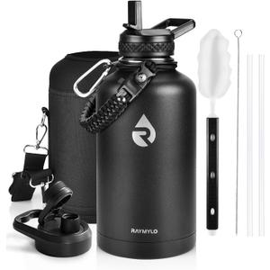 Insulated Water Bottle 64 oz, Triple Wall Vacuum Stainless Steel (Cold for 48 Hrs), Leak Proof & Non-BPA, Half Gallon Water Flask Jug with Paracord Handle & Straw Spout Lids, Magic Black