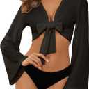 YYA Women's Lightweight Ribbed Cardigan Tie-Front Beach Cover Up with Long Sleeves for Summer Outfits Black M