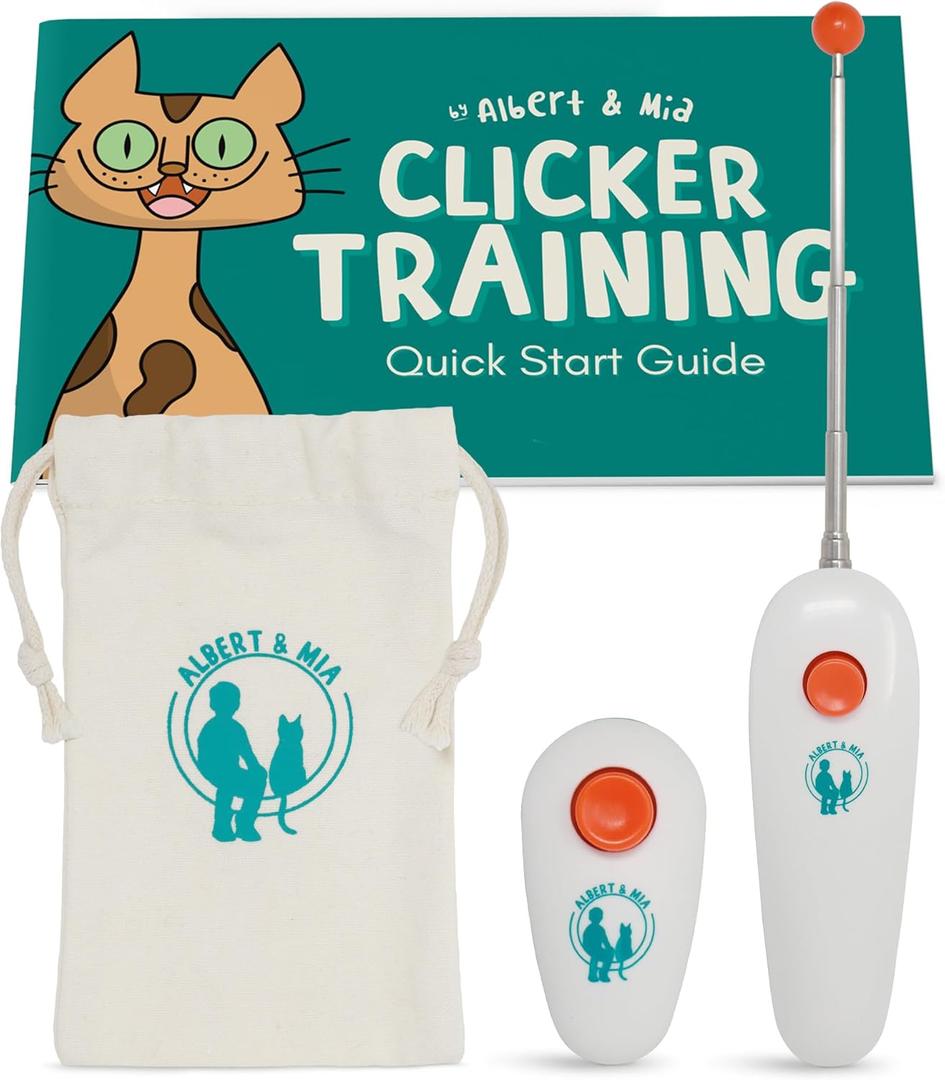 ALBERT & MIA Cat Training Kit (4 Pieces) - Quiet Clicker + Target Stick Clicker + Treats Pouch + Cat Clicker Training Start Guide (Beginner to Expert)