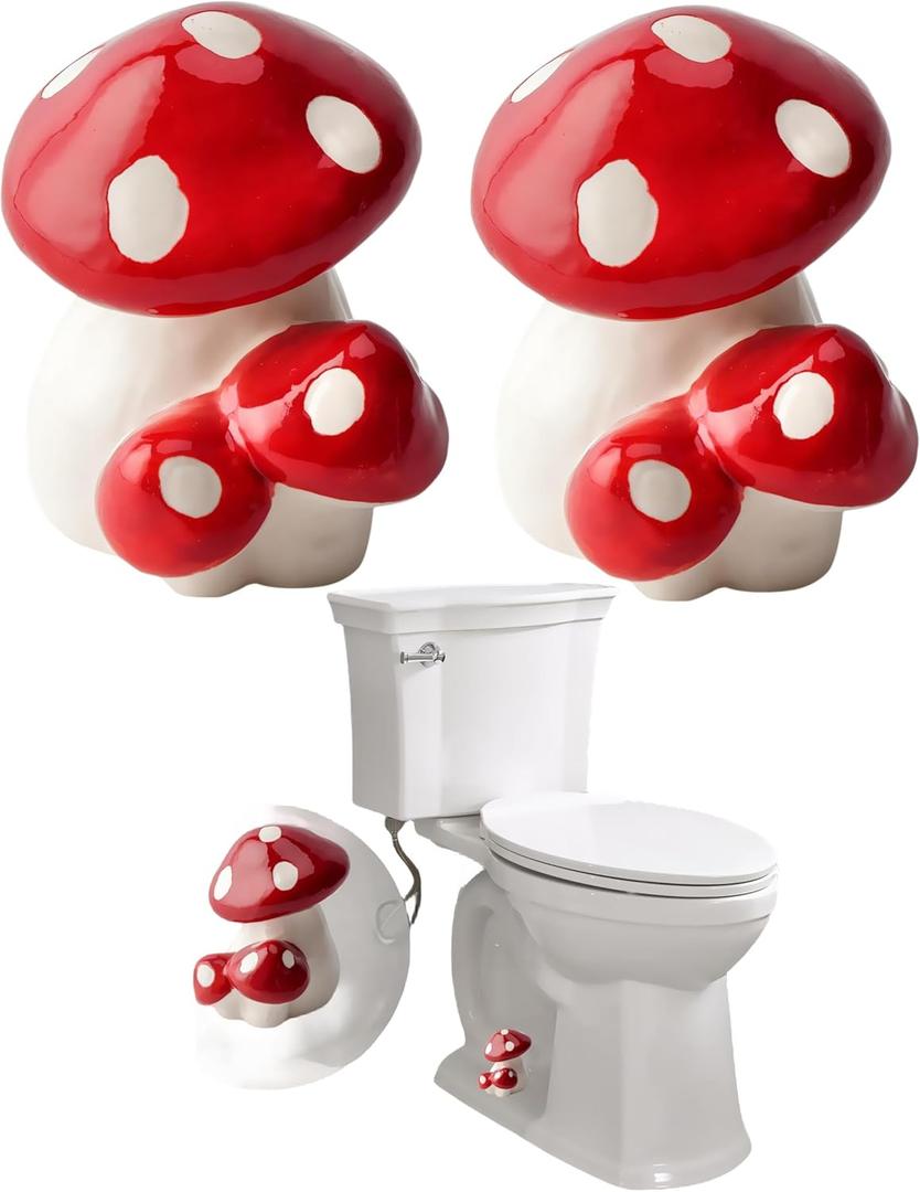 Red Mushroom Toilet Floor Bolt Covers, Ceramic Mushroom Toilet Bolt Caps, Cute Bathroom Decor, Fun Mushroom Themed Gadgets for The Toilet (Red)