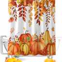 Fall Pumpkins Maple Leaf Shower Curtain Orange Autumn Leaves Harvest Waterproof Shower Curtain with Hooks Thanksgiving Farmhouse Shower Curtains for Bathroom, Hotel, Stalls, Bathtubs, 72x72 Inch