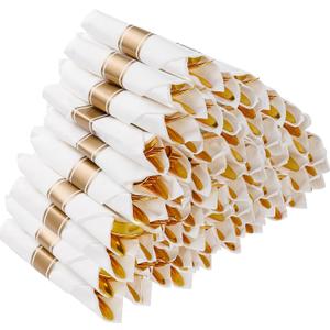 Goodluck 50 Pack Pre Rolled Gold Plastic Silverware, Wrapped Plastic Cutlery Set with Napkin Include 50 Forks, 50 Knives, 50 Spoons and 50 Napkins, Fancy Disposable Silverware for Party, Wedding