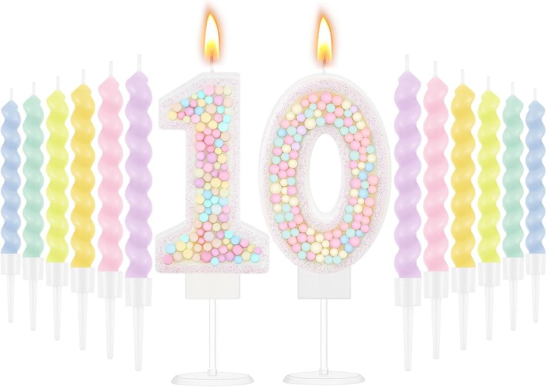 MTLEE Number 10 Birthday Candle with 12 Pcs Spiral Candles for Girls Macaron Pastel Rainbow Unicorn Pink Cake Topper for Sweet Theme Party Decoration (White)