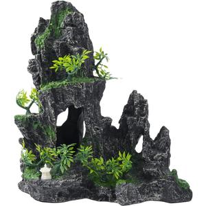 Large Fish Tank Decorations - Mountain View Aquarium Ornament with Tree House Cave Bridge, Resin, 10.24x9.45x5.12 inches, C