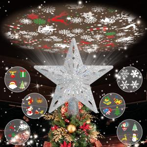 Christmas Tree Topper Lighted with 6 Projected Patterns, Christmas Star Tree Topper Built-in LED Rotating Lights, 3D Glitter Projector for Party Holiday Xmas Decorations Gifts (Silver)