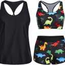 Yonique 3 Piece Athletic Tankini Swimsuits for Women with Shorts Swim Tank Tops with Sports Bra and Boyshorts Bathing Suits (Large, Black Colorful Dinosaur)