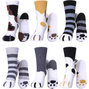 LINEMIN Kids Fuzzy Socks Boys Girls with Grips Non Slip Slipper Socks Cozy Fluffy Winter Warm Crew Socks 6 Pairs (4-7 Years, Cat Paw)